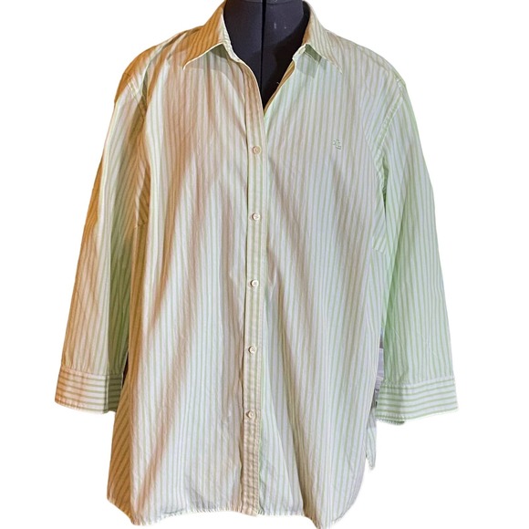 Lauren Ralph Lauren Womens Button Up Pale Green Stripe Size 2X Split 3/4 sleeve - Picture 1 of 6